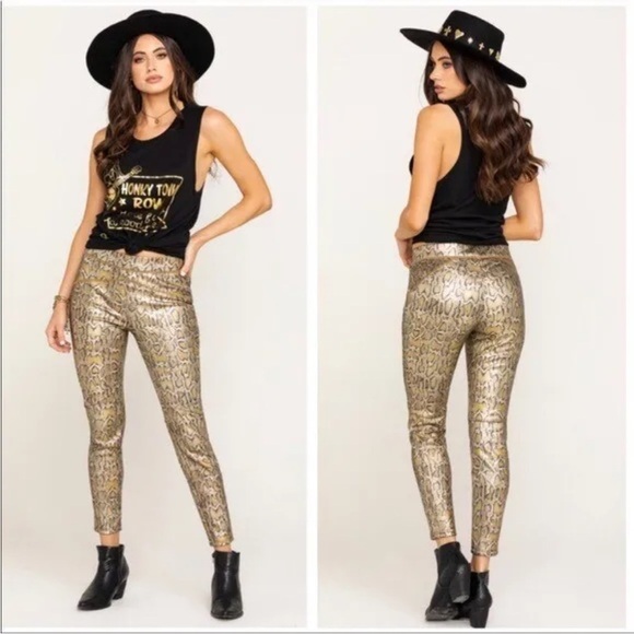 Free People Pants - NWT FREE PEOPLE gold python leggings size M brown shiny snakesekin pull on